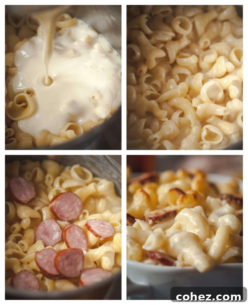Four step-by-step process images showing how to make the creamy cheese sauce and assemble the macaroni and cheese with kielbasa.