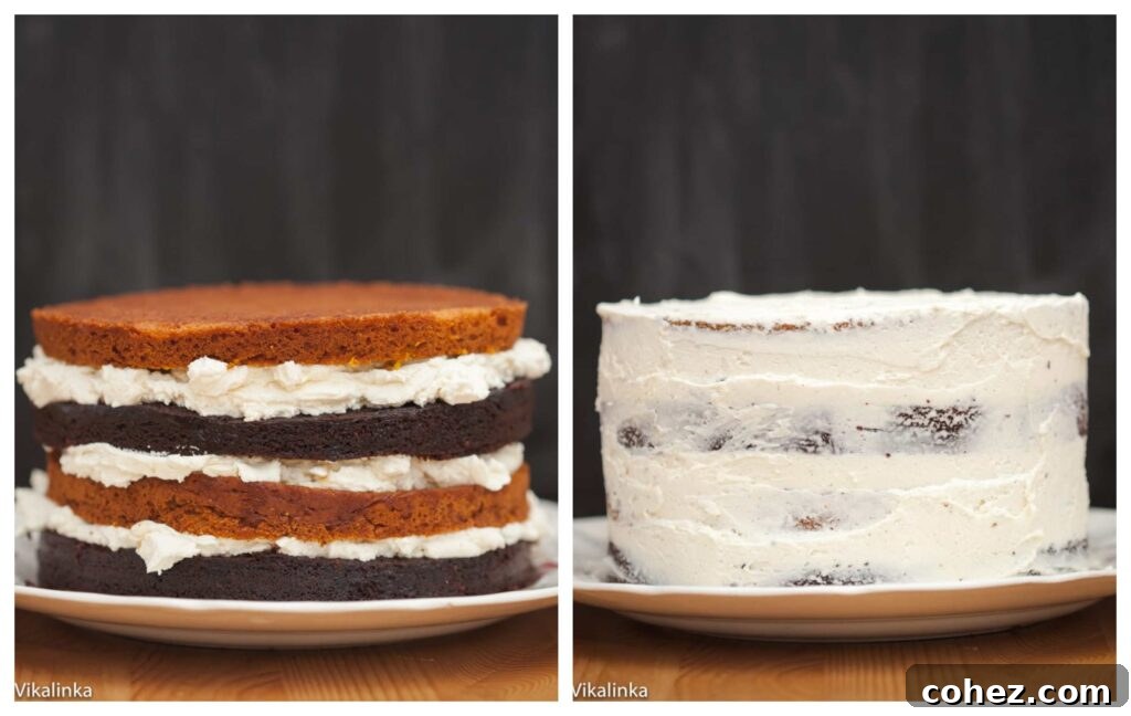 Two process shots side-by-side: one showing the stacked cake layers before frosting, and the other showing the cake with a first thin layer of crumb coat frosting