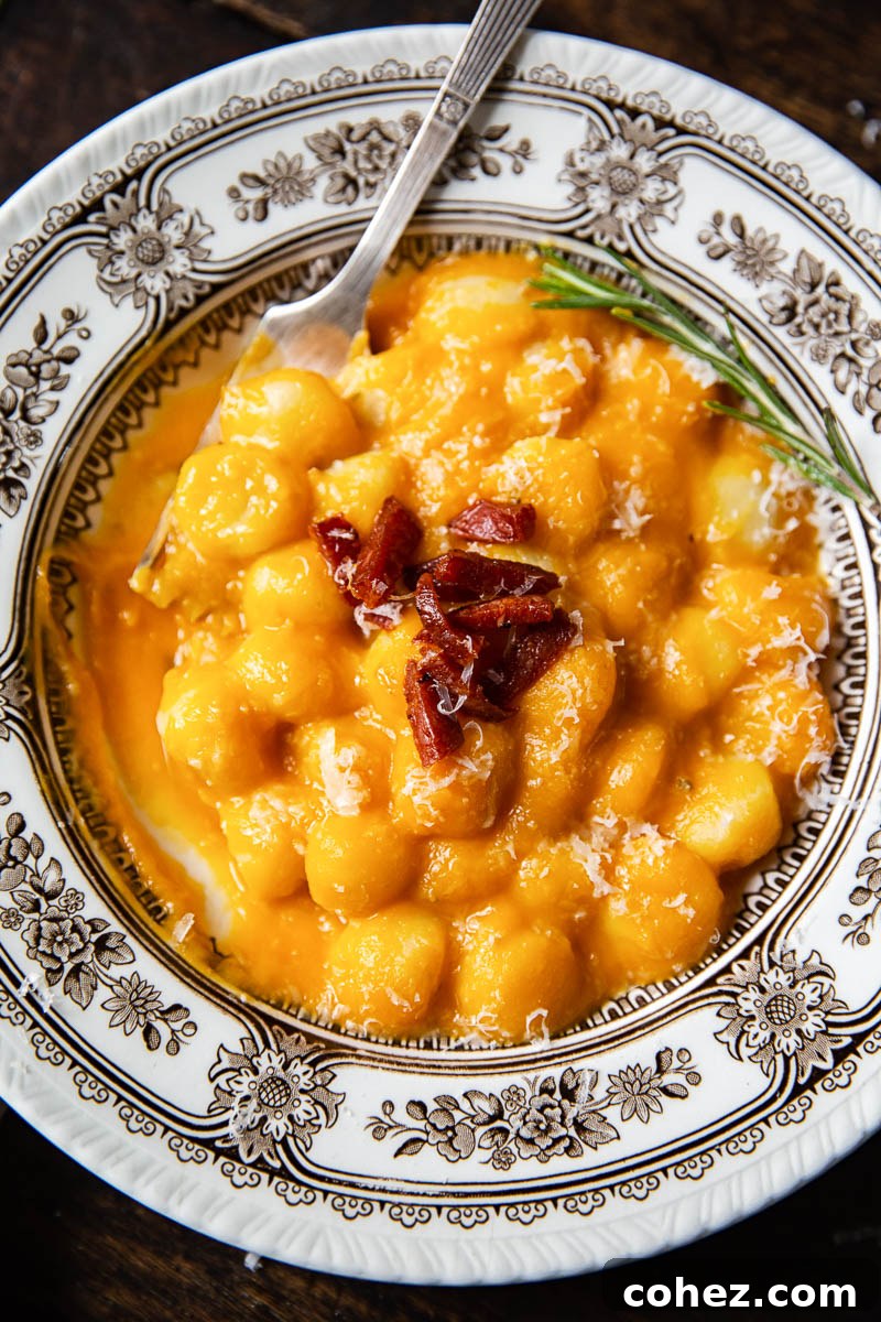 Golden Butternut Gnocchi Bliss 4 top down of a bowl of gnocchi