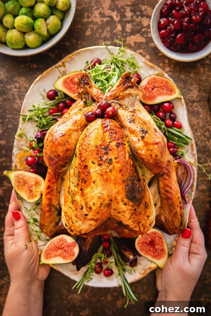 Mastering the Art of Perfect Turkey Roasting 2 Beautifully roasted turkey garnished with fresh figs, herbs, and cranberries, ready for a holiday feast