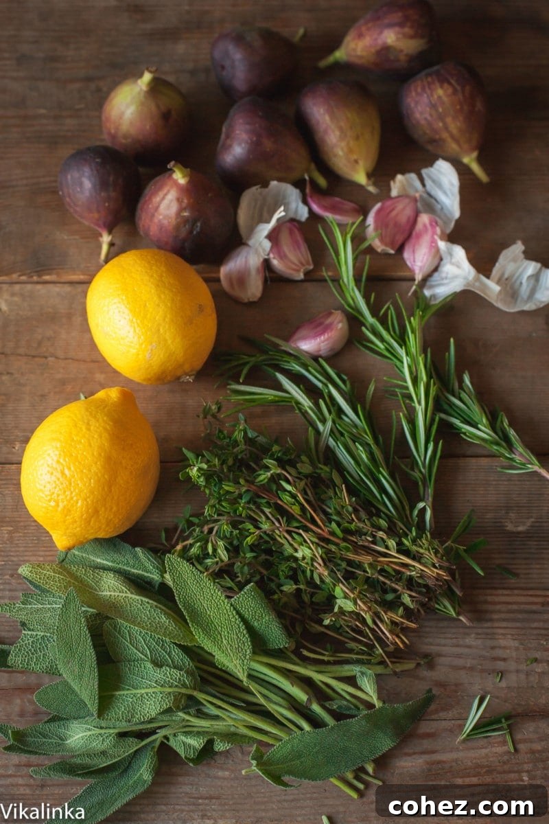 Mastering the Art of Perfect Turkey Roasting 3 A vibrant selection of fresh herbs like rosemary, thyme, sage, garlic bulbs, ripe lemons, and fresh figs, essential ingredients for flavoring a holiday roast turkey.