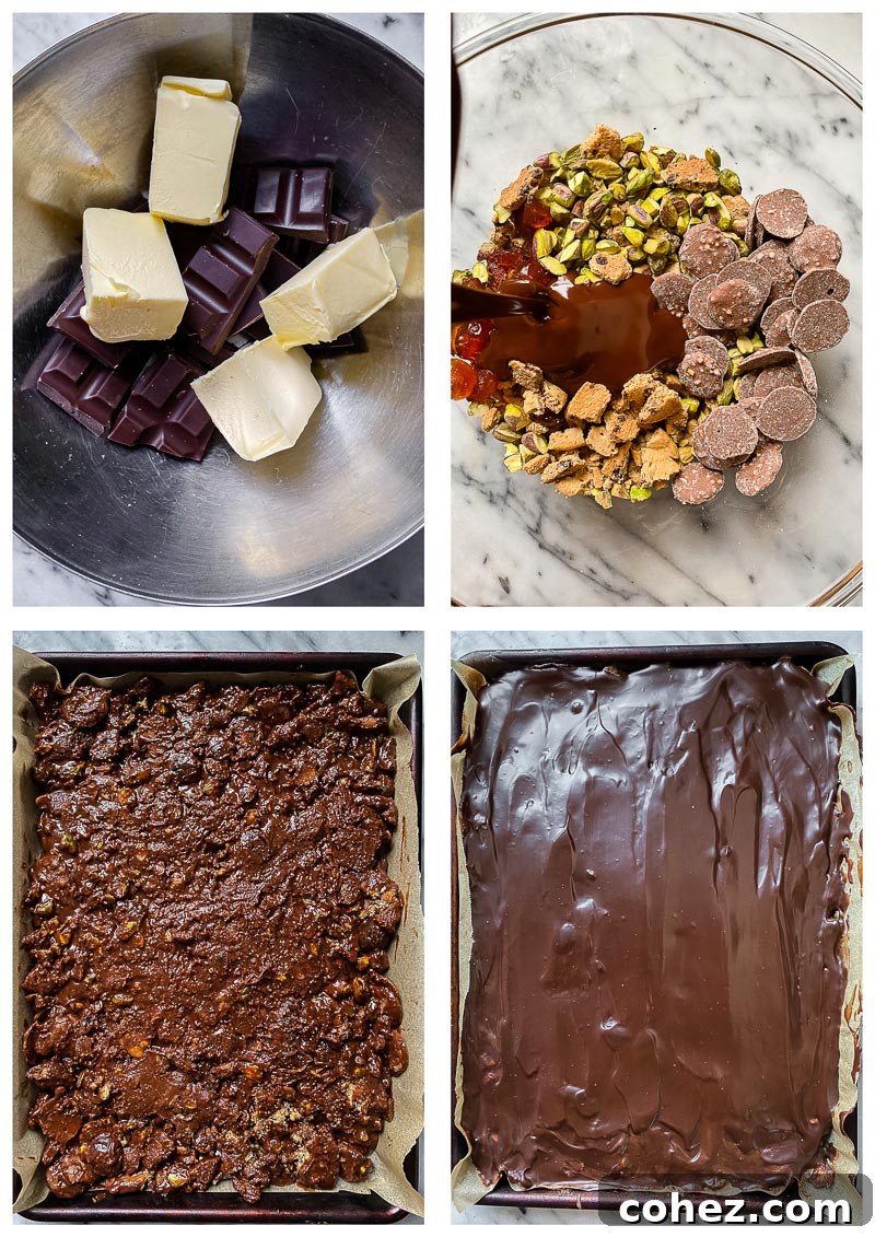 No-Bake Bliss Bars 5 Process images showing ingredients and mixture for no-bake fridge cake