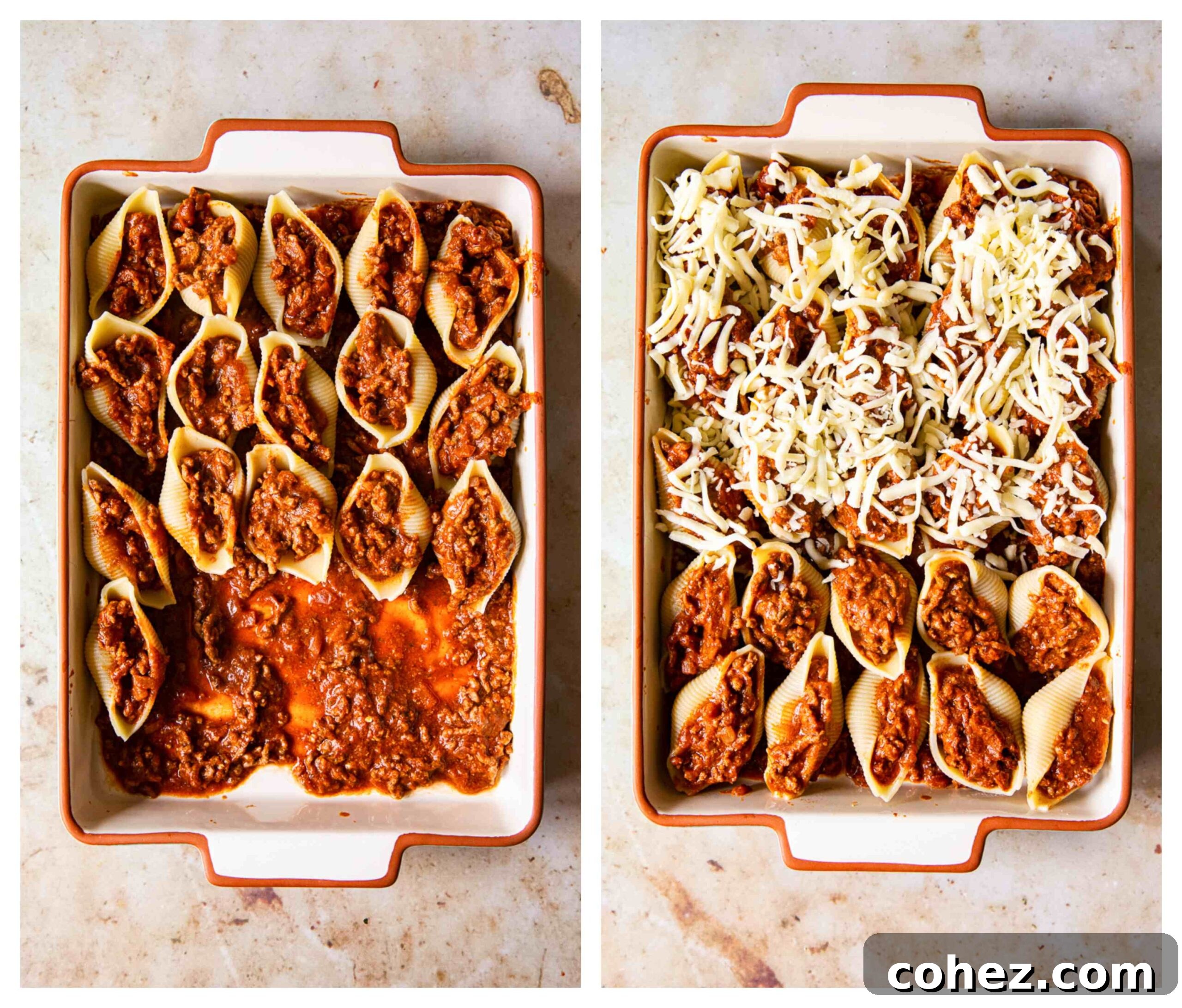 Effortless Stuffed Shells with Savory Pesto Beef Ragu 4 Process images showing the preparation of beef stuffed pasta shells, from browning meat to filling the shells.