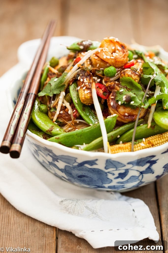 Vibrant and healthy shrimp stir fry, ready to be served.
