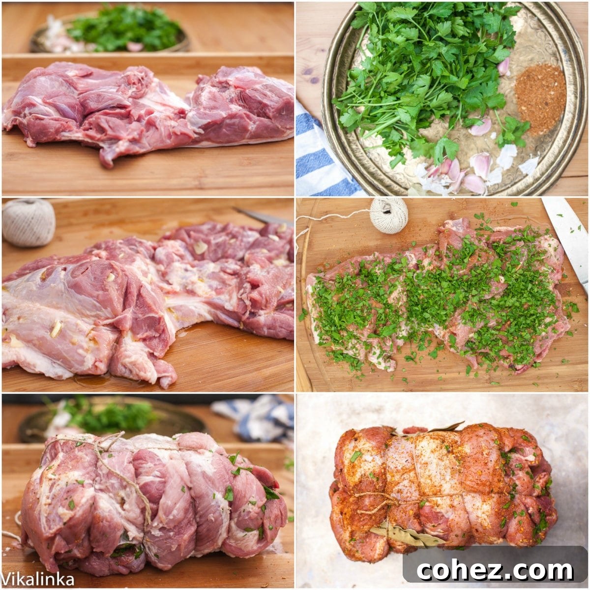 Process shot showing a pork roast being generously rubbed with spices and herbs before cooking.