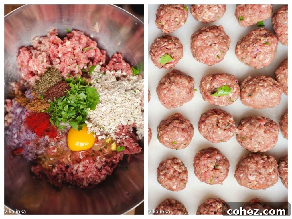 Pomegranate-Glazed Sweet and Sour Meatballs 4 Close-up of raw meatball mixture in a bowl and perfectly shaped, uncooked meatballs on a cutting board, ready for cooking.