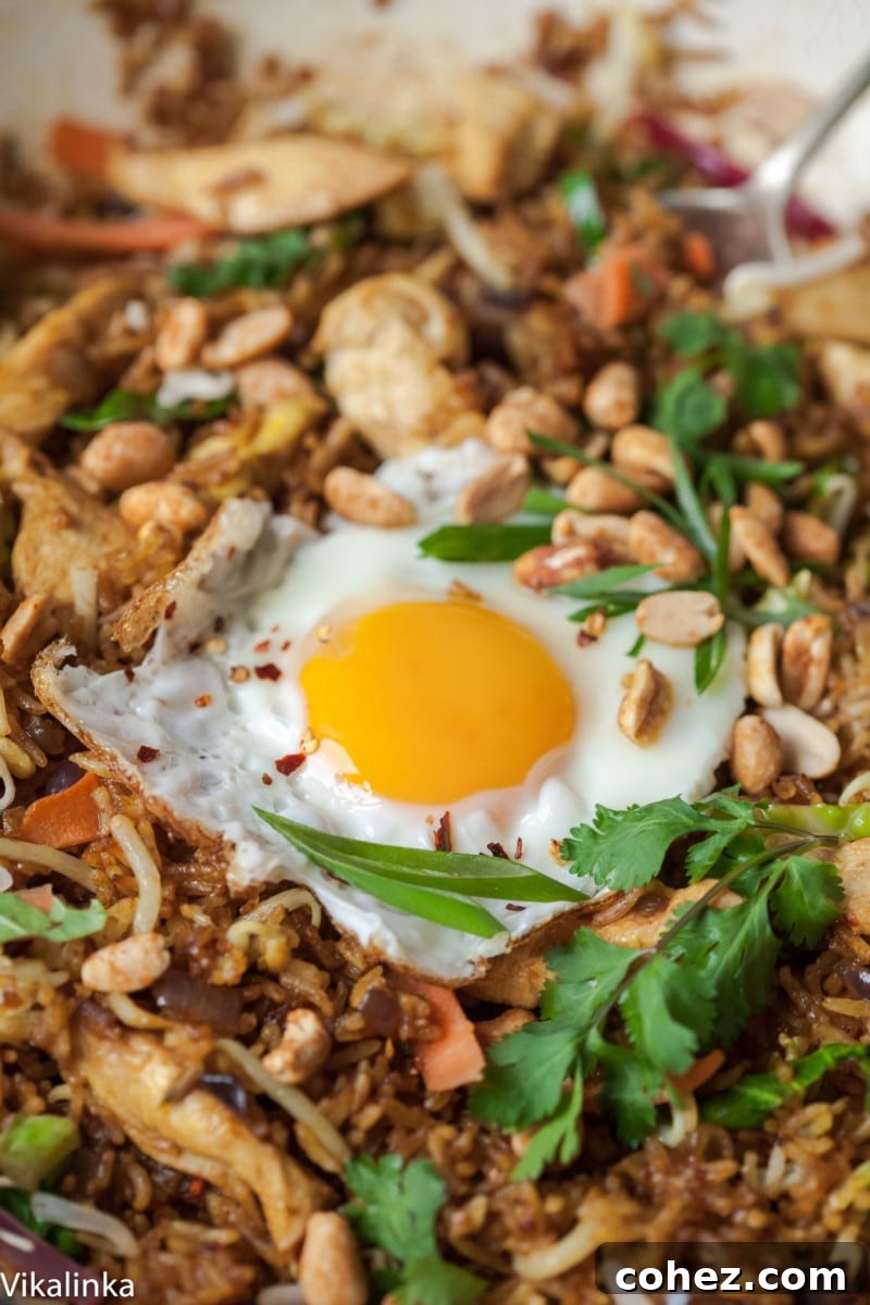 20-Minute Nasi Goreng Authentic Indonesian Fried Rice 5 Close up of a perfect fried egg with scattered peanuts atop Nasi Goreng