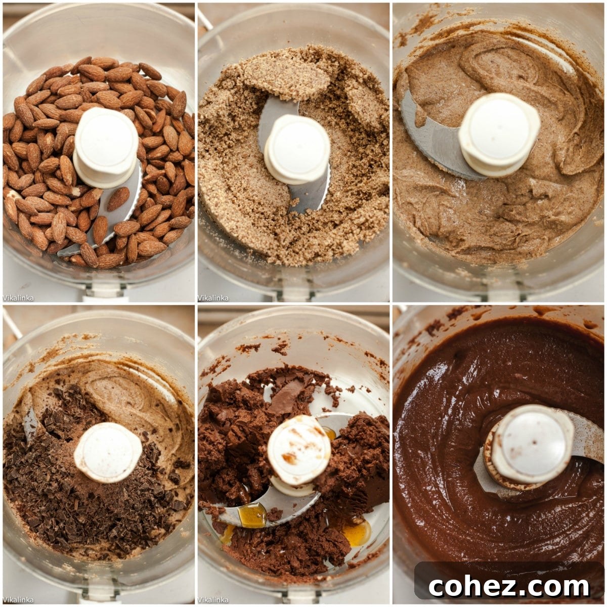 Process shots showing ingredients for homemade chocolate almond butter being blended in a food processor.