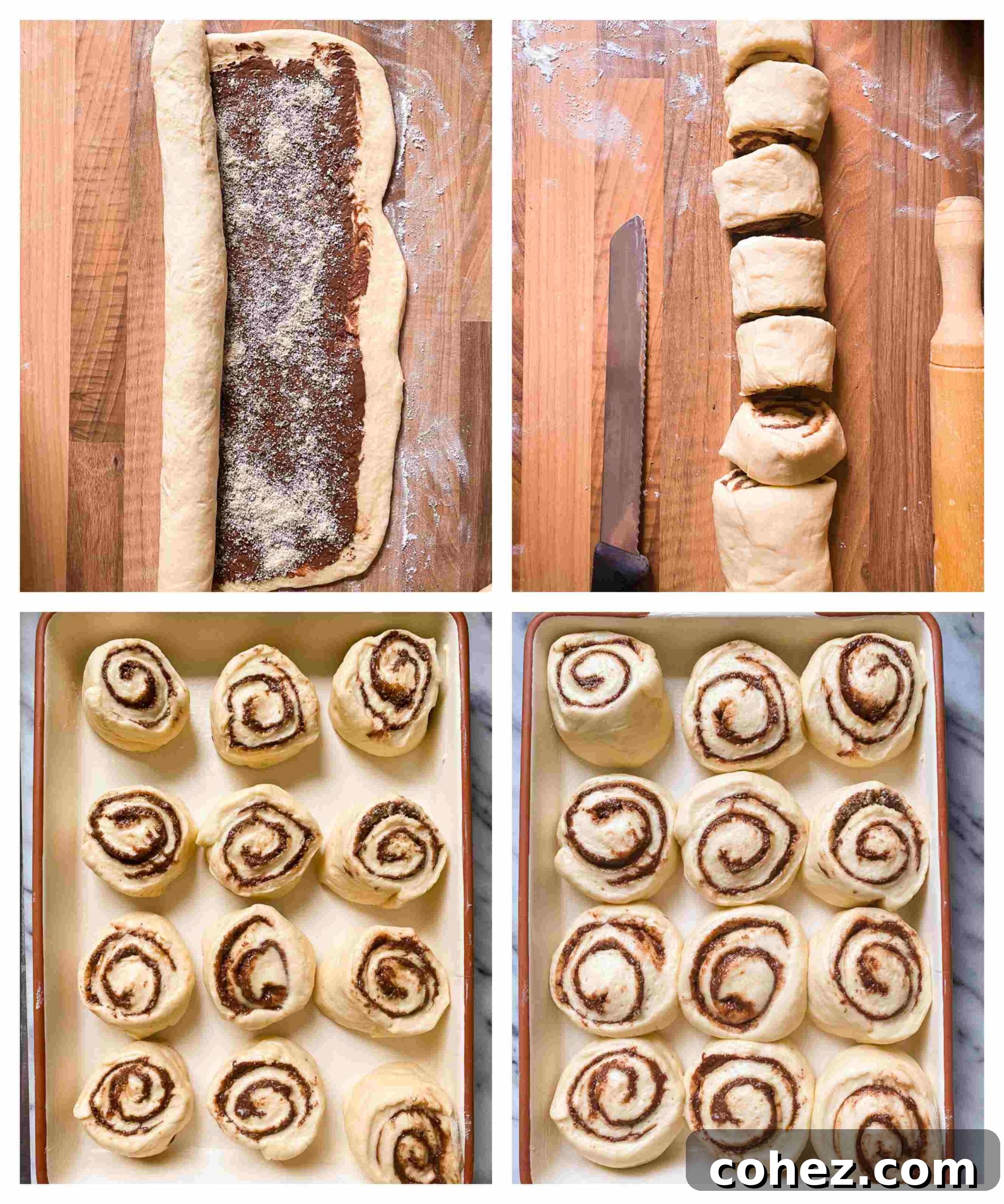 Nutella Rolls Process Steps A series of images demonstrating the process of slicing and arranging Nutella rolls in a baking dish.