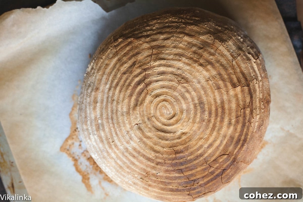 A top-down view of a round Rosemary Spelt Bread loaf, highlighting its beautifully textured crust and the flecks of rosemary.