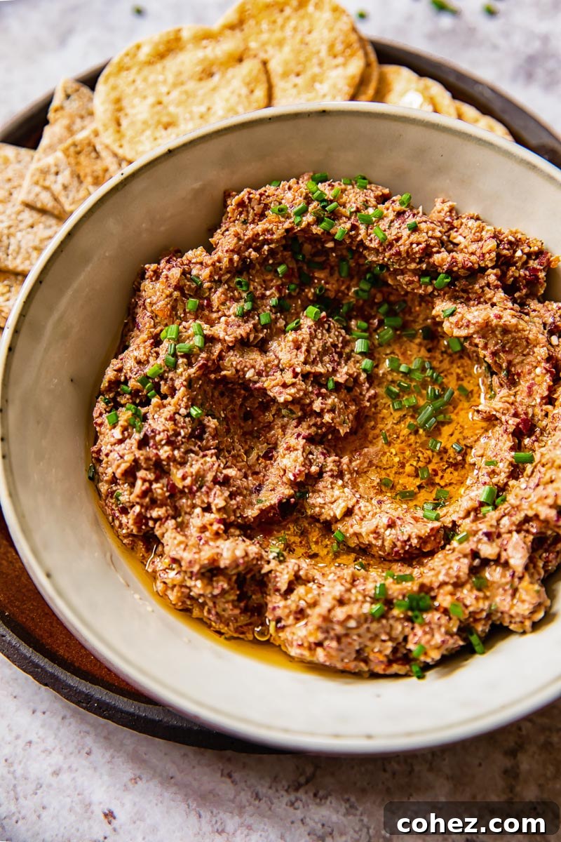 close up of tapenade in a grey bowl