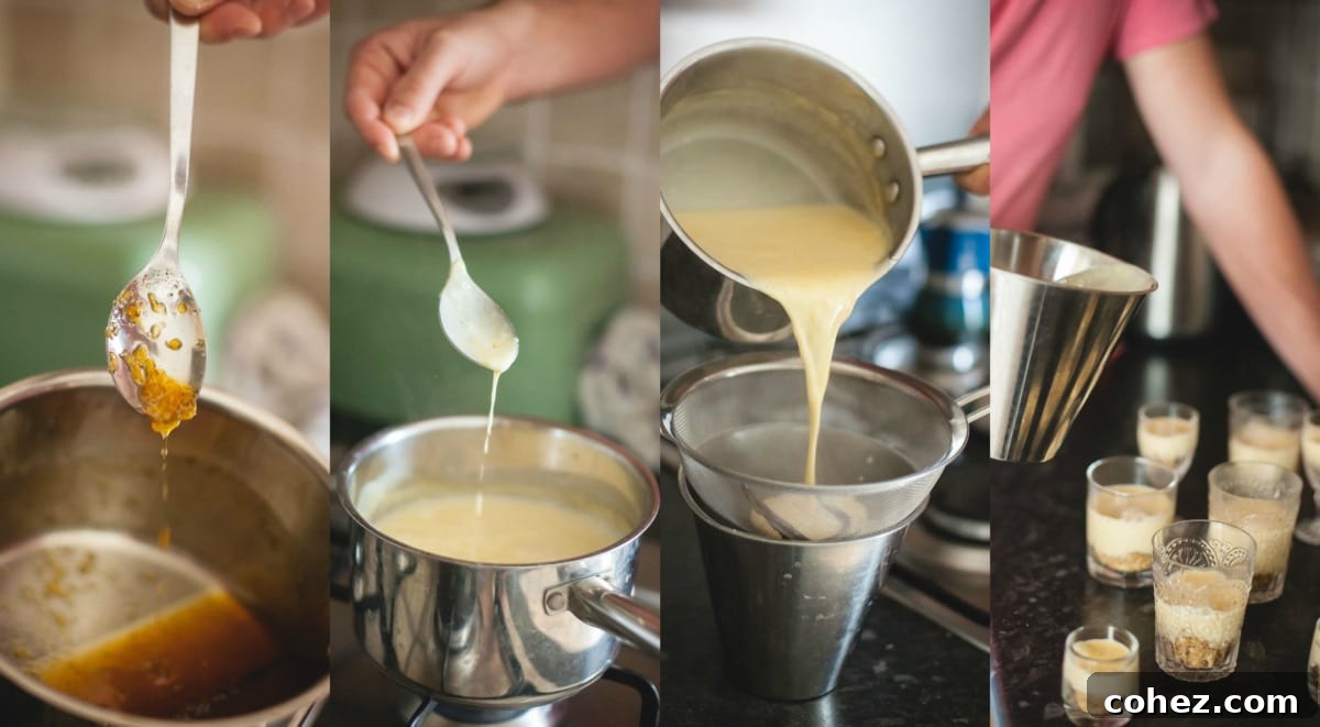 Velvety Lemon Vanilla Posset 5 A collage demonstrating the process of making citrus posset, focusing on the liquid ingredients and heating steps.