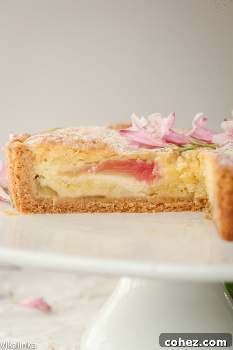 A freshly baked Rhubarb Bakewell Tart, beautifully sliced to reveal its distinct layers of pastry, roasted rhubarb, and frangipane.