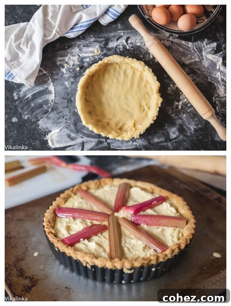 A visual guide showing the process of making a Rhubarb Bakewell Tart, from pastry preparation to the finished baked tart.