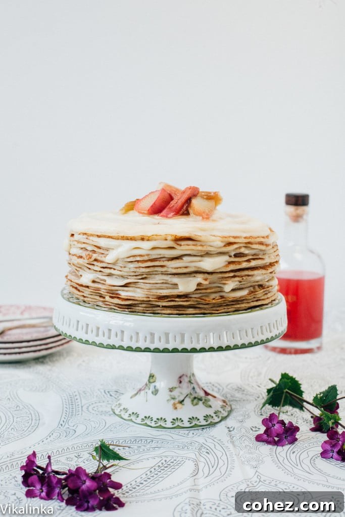 Crepe cake with rhubarb pieces on top