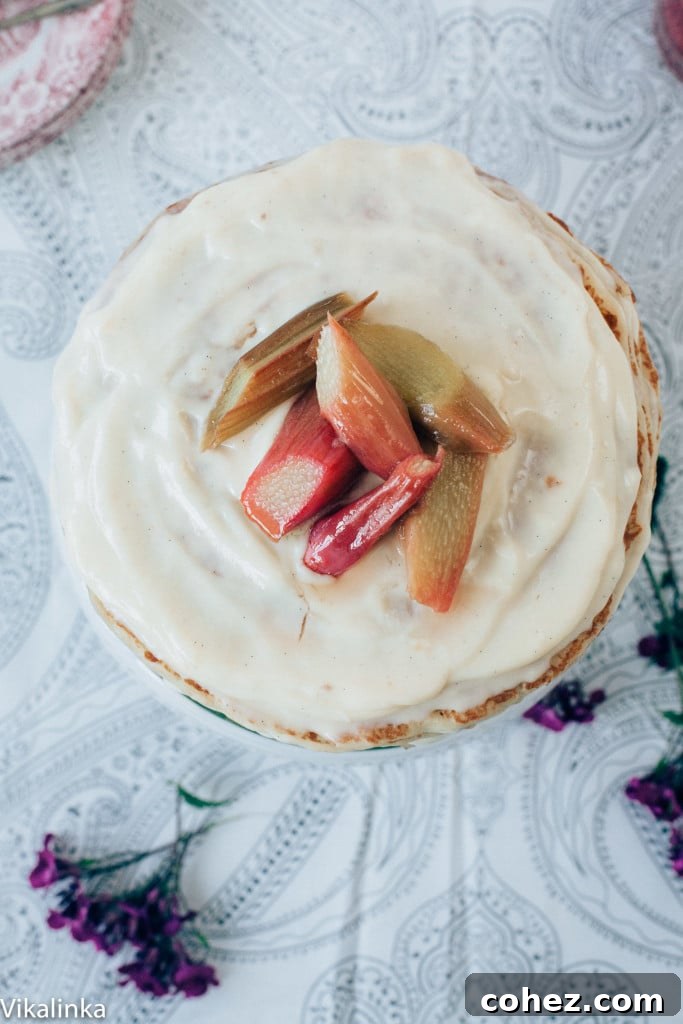 Top down view of cake with rhubarb pieces