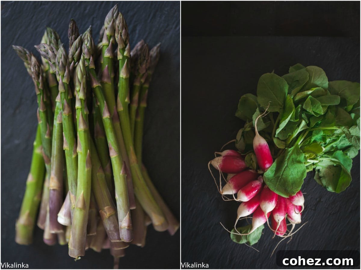 A vibrant display of fresh, raw asparagus spears alongside a bunch of crisp radishes, ready for preparation.