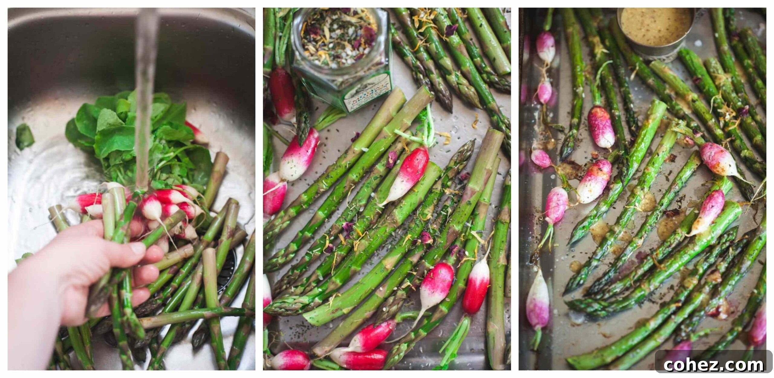 A visual step-by-step guide showing raw radishes and asparagus seasoned on a baking sheet, then the beautifully roasted vegetables emerging from the oven.