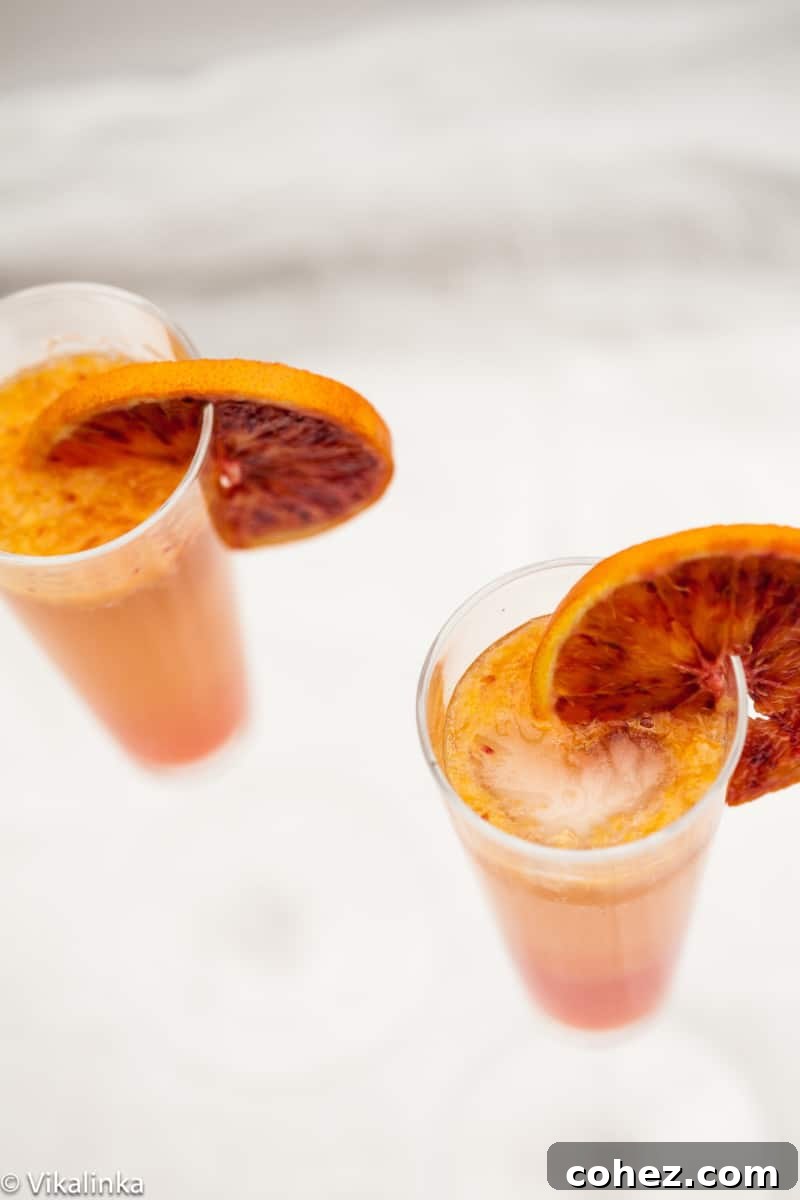 Blood Orange Royale 3 Close-up, top-down view of two blood orange cocktails in clear glasses, showcasing their vibrant red-orange hue and garnishes.