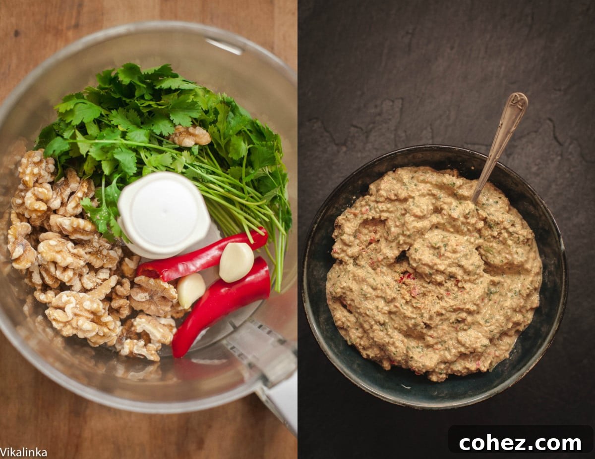 Process shot of key sauce ingredients, including walnuts, cilantro, and chilies, in a bowl before blending