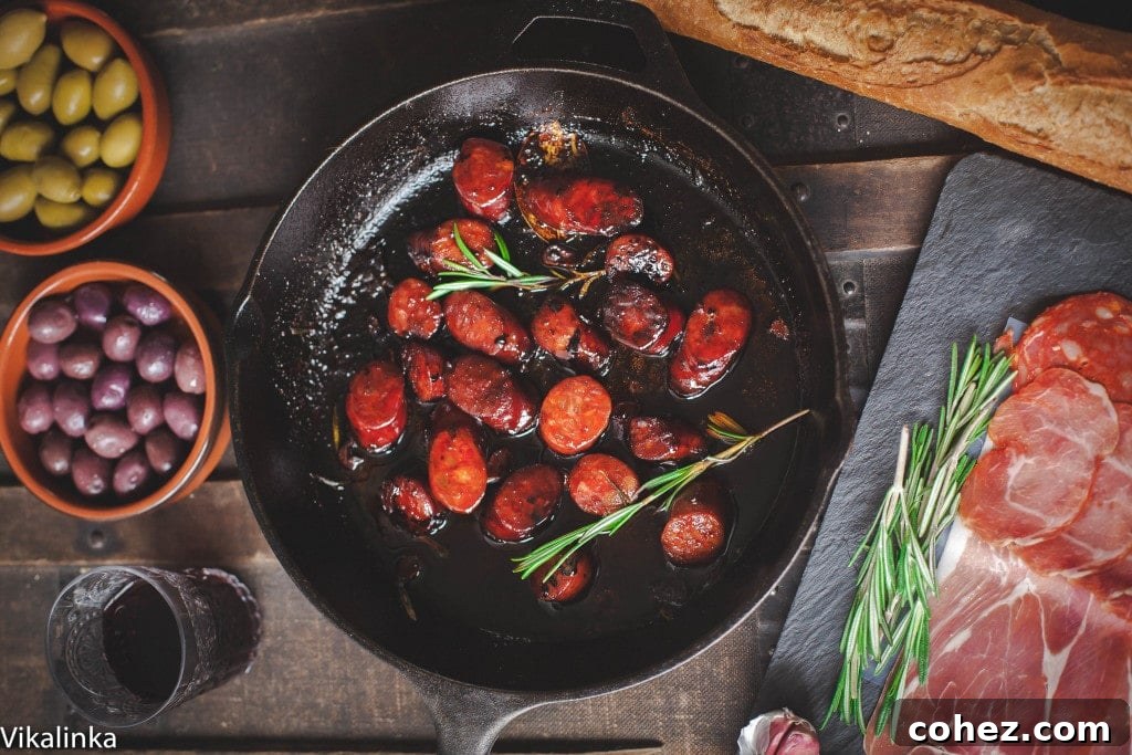 Close-up of a sizzling pan filled with perfectly cooked chorizo bathed in a rich, reduced red wine sauce, served invitingly with golden crusts of bread.