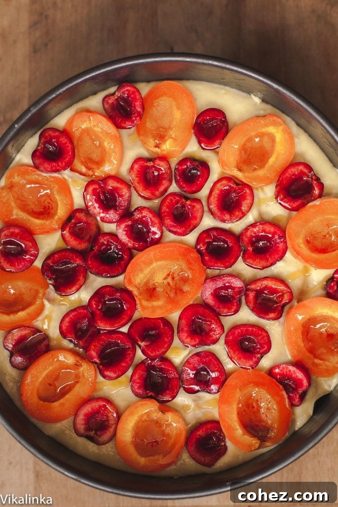 Top down view of the unbaked cake with fruit on top