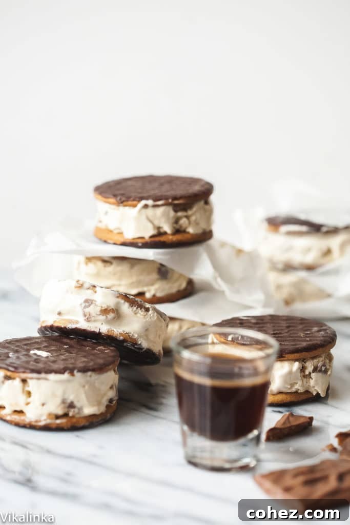 Espresso shot in front of several ice cream sandwiches