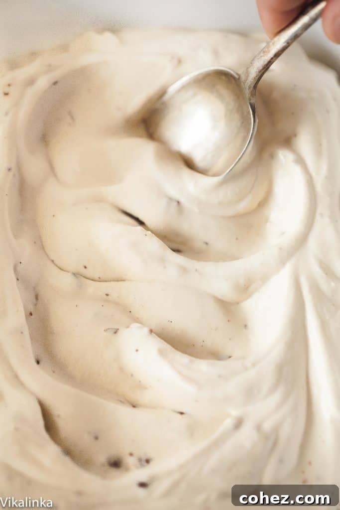 Close view of cappuccino ice cream with spoon