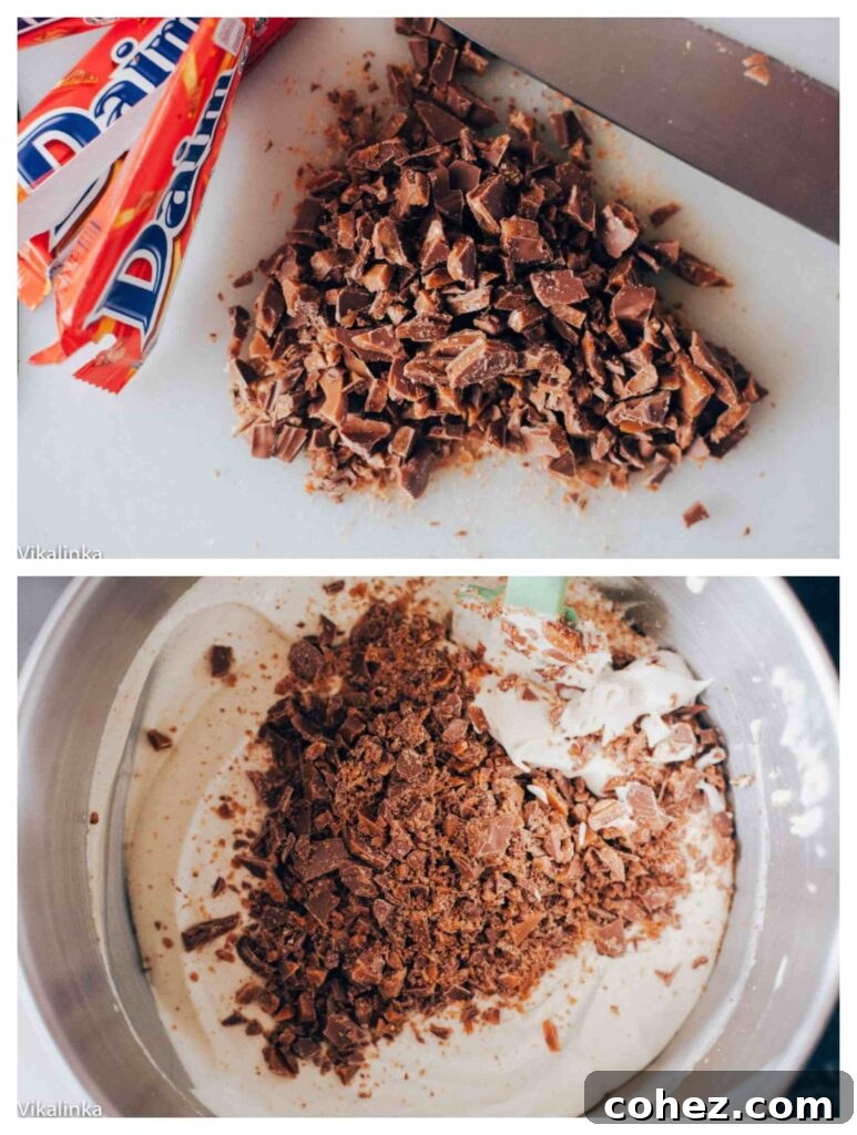 Two photos showing chopped chocolate bar and in mixing bowl to be combined with other ingredients for ice cream