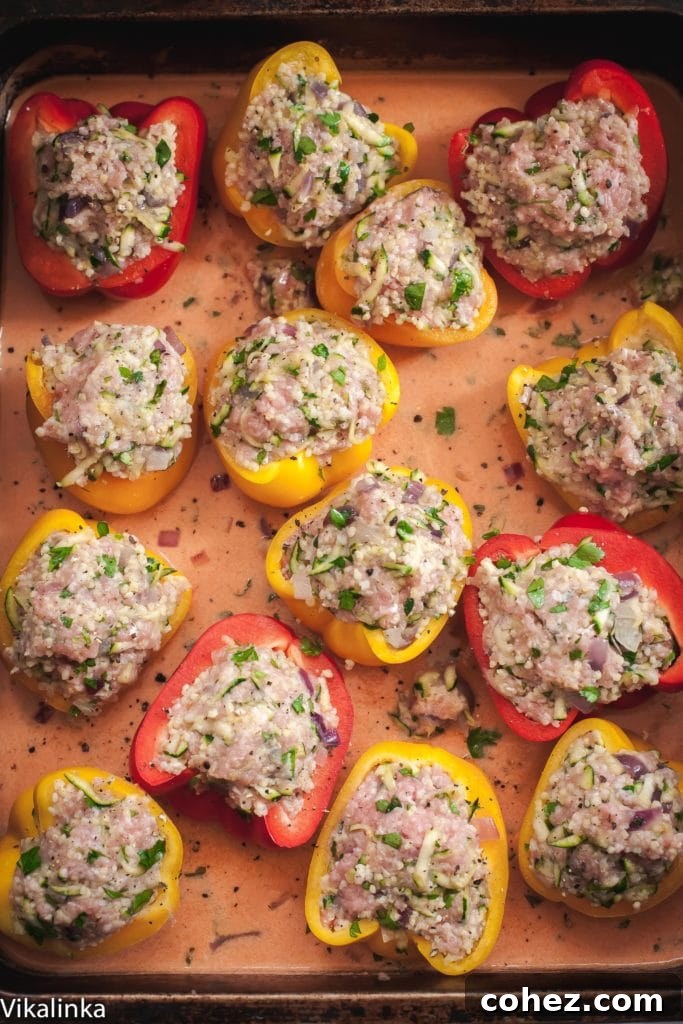 Close-up of the light and healthy comfort food dinner. These peppers are stuffed with extra-lean pork, shredded zucchini and gluten-free millet grain baked in a creamy tomato sauce. A family favourite!