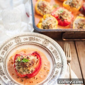 Close-up of the healthy and flavorful stuffed peppers, ready to be served from the roasting pan.