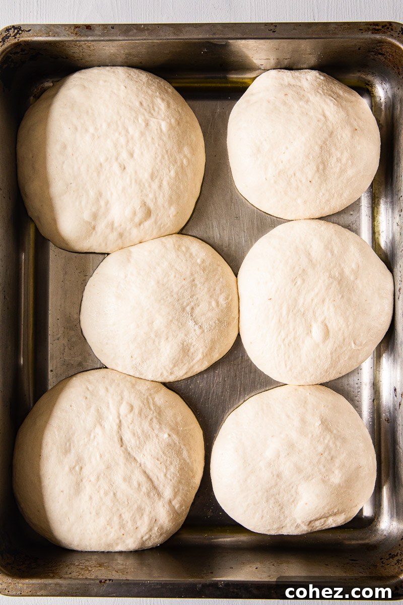 pizza dough pre-portioned for 6 pizzas inside roasting pan, showing a smooth, risen texture