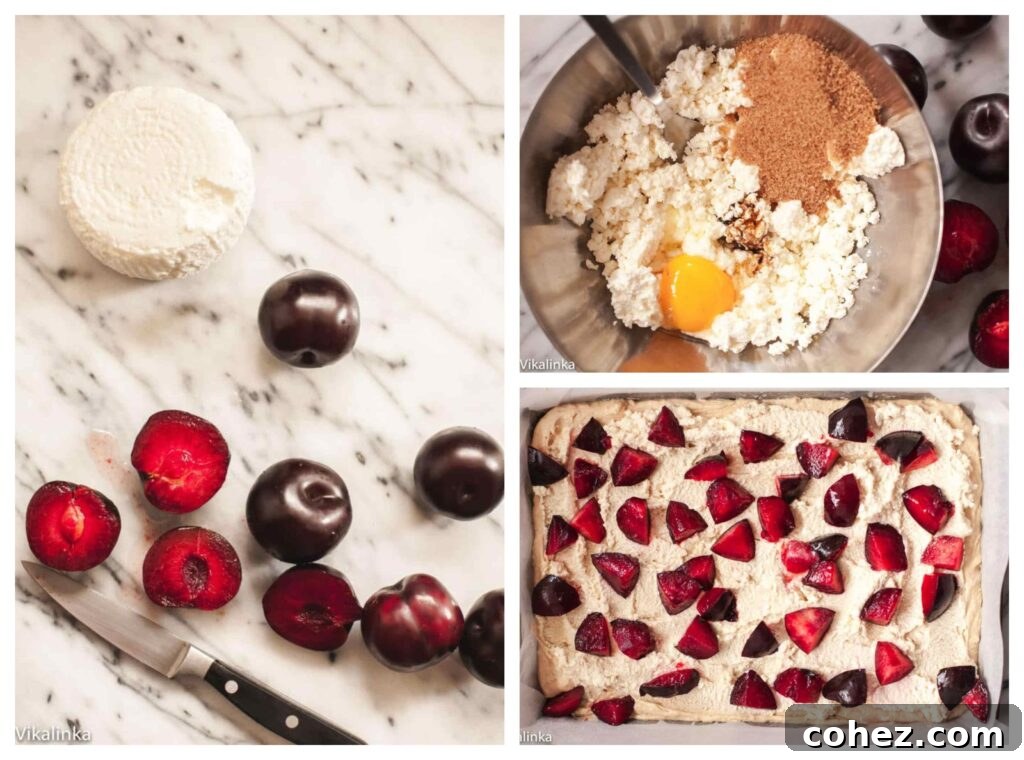 Three process shots showing plums and farmers cheese, cheese layer in a mixing bowl, and cake prior to baking