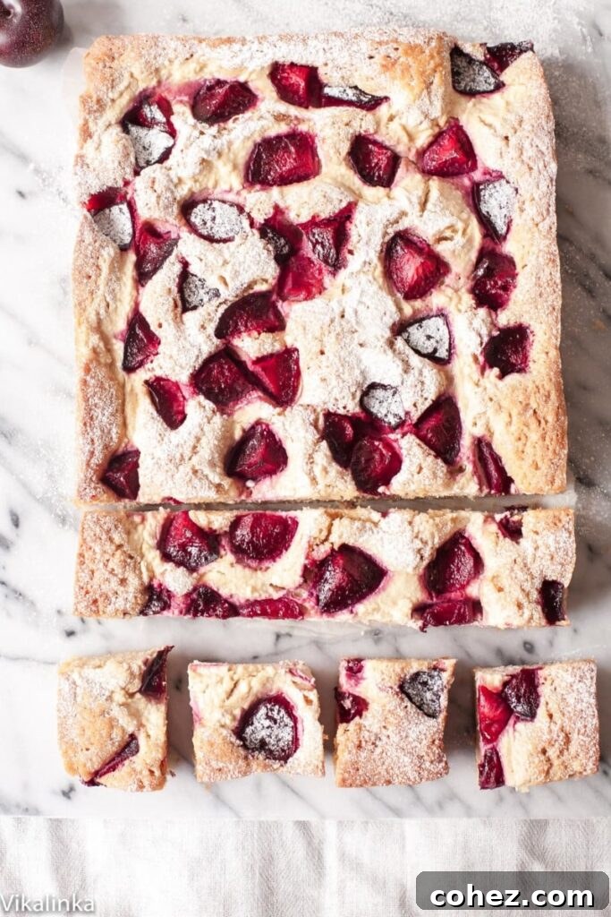 Top down view of rustic plum cheesecake with several slices cut in the end