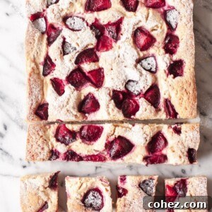Top down view of rustic plum cheesecake with several slices cut in the end