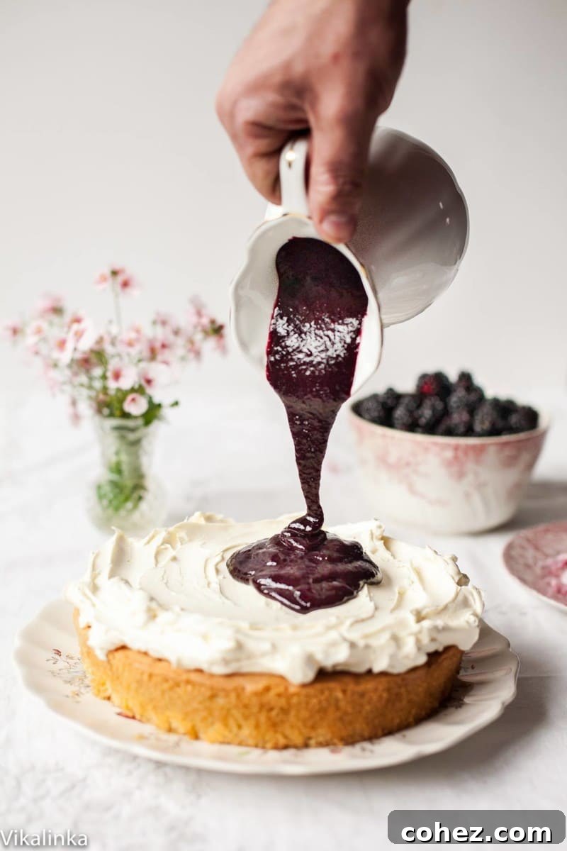 Classic Victoria Sponge Cake with Blackberry compote, whole cake