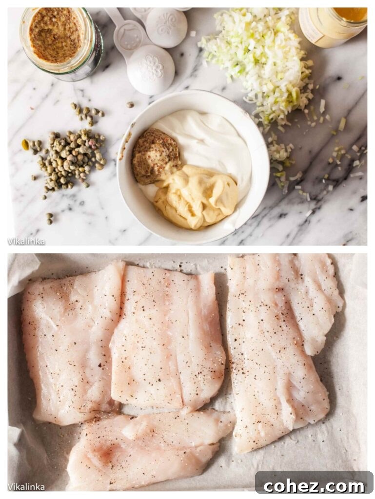 Golden Baked Cod with Zesty Mustard Sauce 4 Two illustrative process shots: one showing the meticulous mixing of the creamy mustard sauce, and the other depicting the raw cod fillets being carefully coated with the sauce in a baking dish