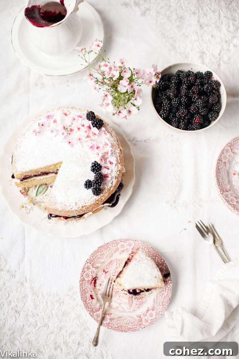 Classic Victoria Sponge Cake with Blackberry compote.