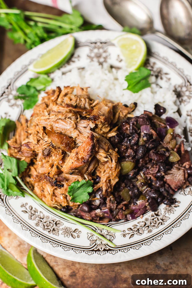 Cuban style pork and black bean on top of white rice, two slices of lime.