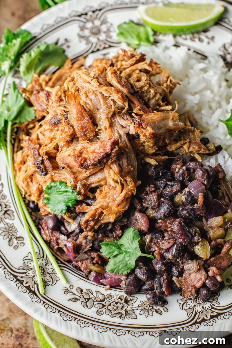 top down view of pulled pork with black beans and rice