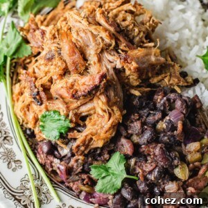 top down view of pulled pork with black beans and rice