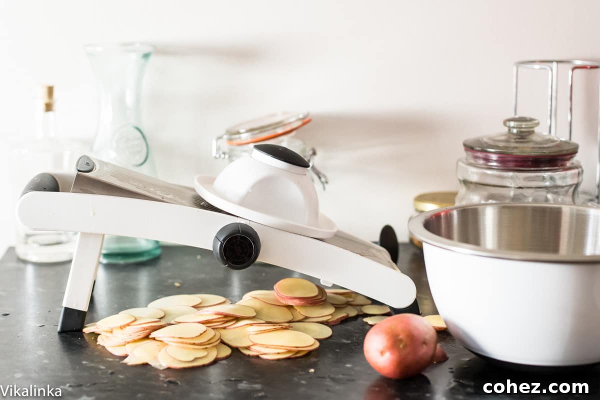 Hands using a mandoline slicer to thinly slice potatoes for a gratin recipe