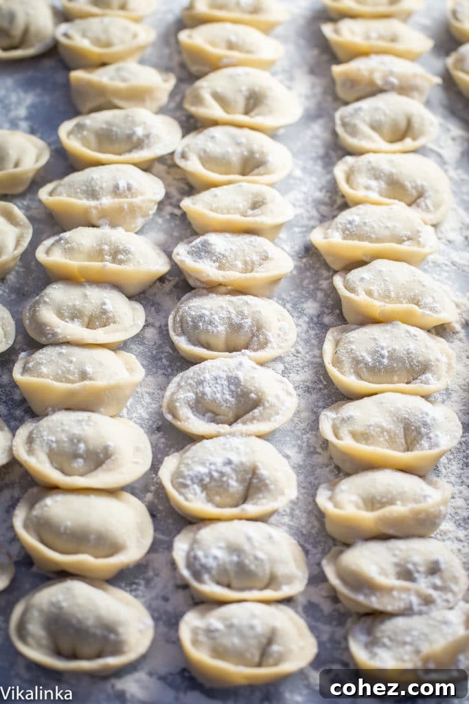 Classic Siberian Pelmeni 3 uncooked pelmeni on a floured surface