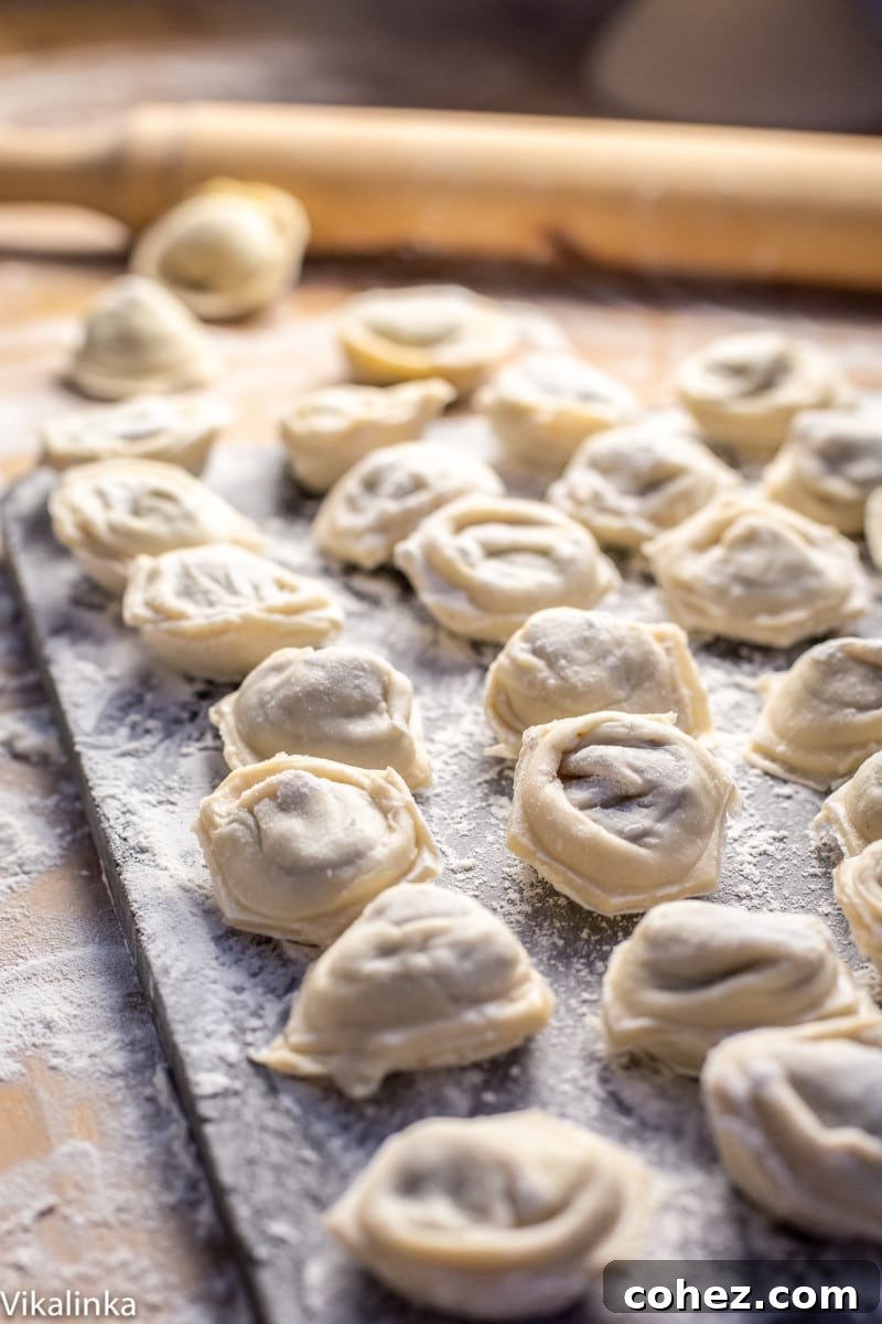 Classic Siberian Pelmeni 6 uncooked dumplings on a floured surface