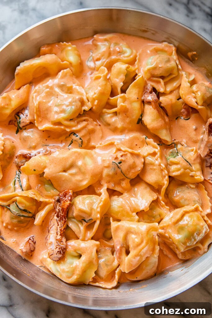 pan of tortellini in cream sauce with sun-dried tomatoes with sprinkled parmesan cheese