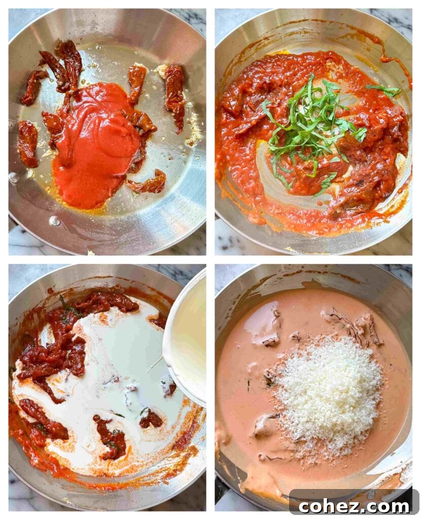 four process shots showing how to make the cream sauce
