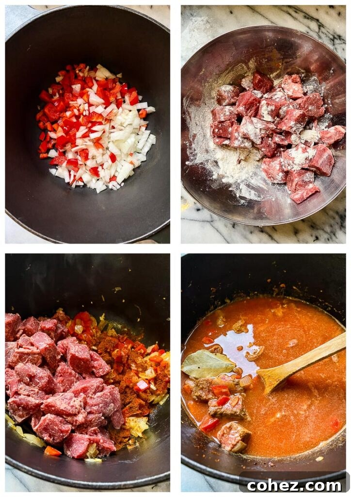 Goulash cooking process images, showing steps from browning meat to simmering