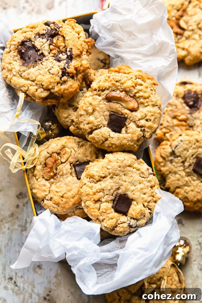 Close up shot of cowboy cookies with oats and chocolate in a tin