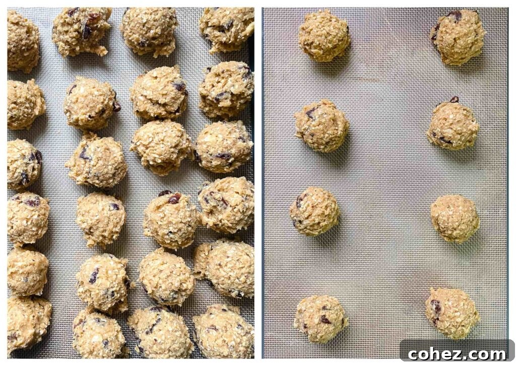 Process shots of cowboy cookie dough spread on a baking sheet in cookie sized balls