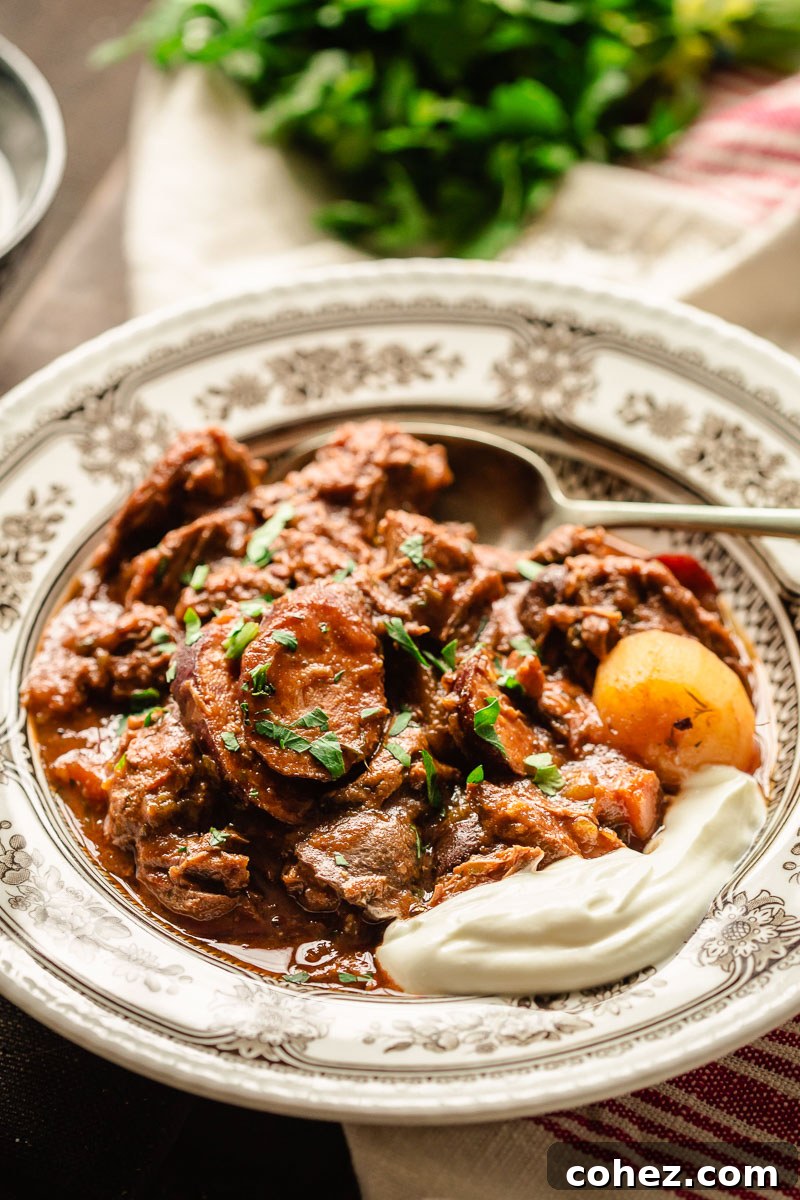 A bowl of Russian Solyanka beef stew, garnished with a dollop of sour cream and fresh dill, showcasing its rich texture.